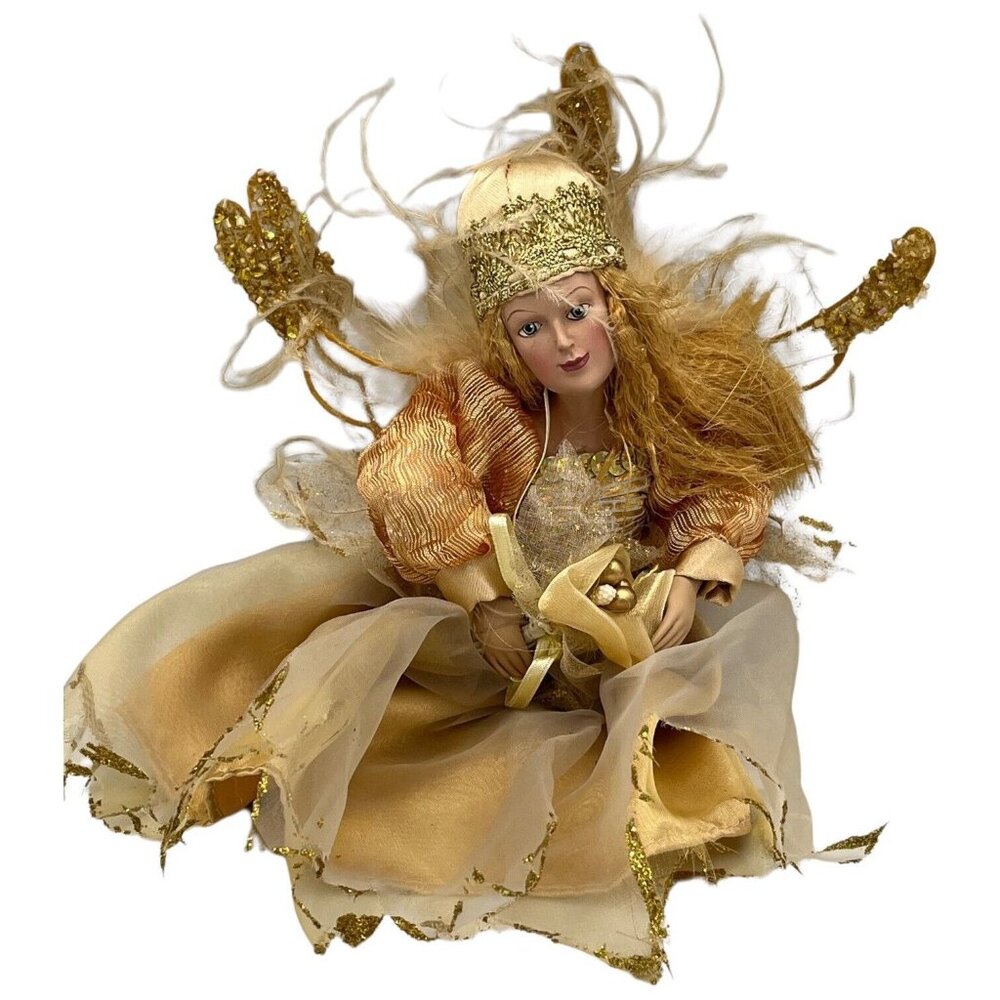 Winward Gold Angel Fairy Ornament Feathers Glitter Crimped Hair Carrying Bouquet